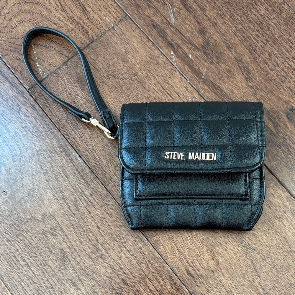 Steve Madden Black Quilted Wristlet with Gold Accents